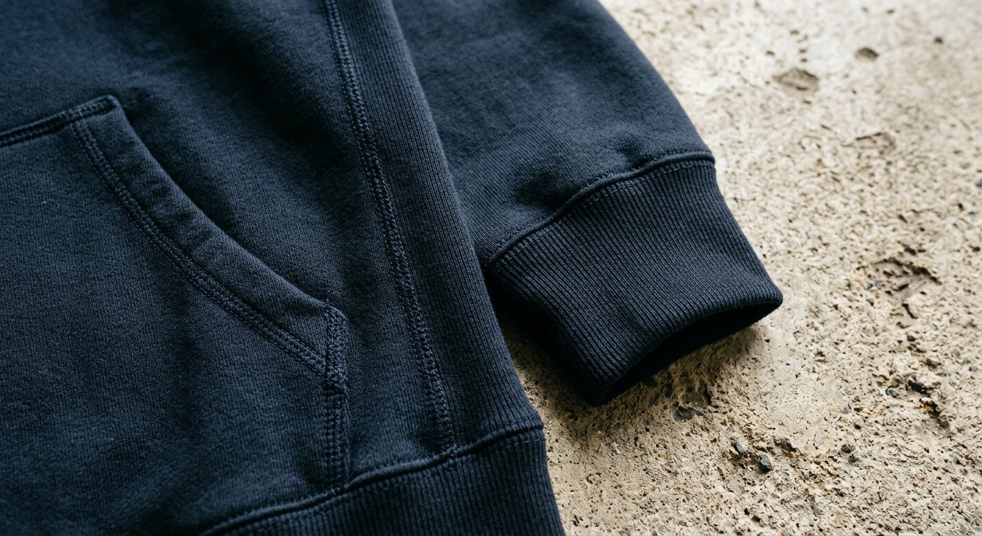 Ribbed cuff, kangaroo pocket seam and construction detail of the navy NXN-01 hoodie on concrete