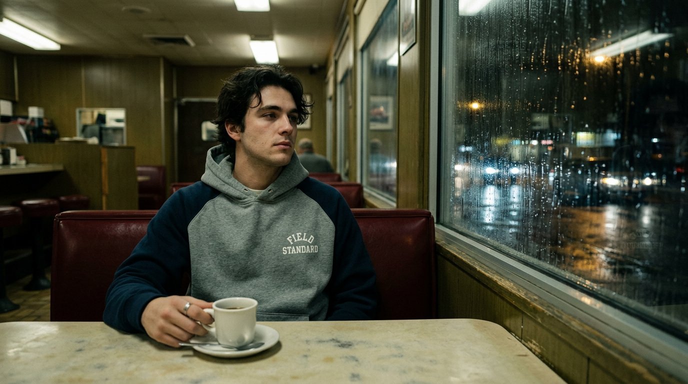 The NXN-01 hoodie worn in a quiet diner booth at night, rain on the window, coffee on the table