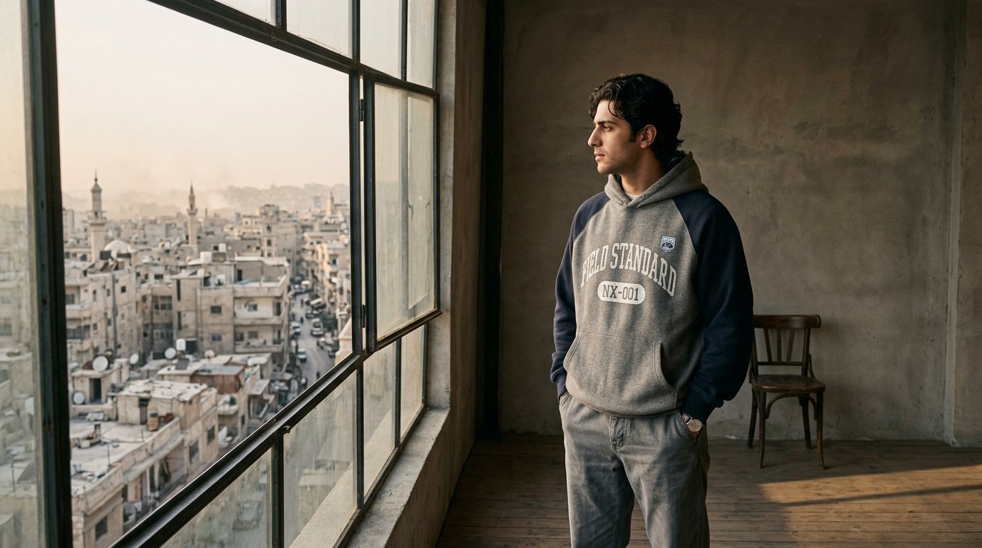 A figure in the navy and grey FIELD STANDARD NXN-01 hoodie beside a tall window, soft daylight over a quiet city