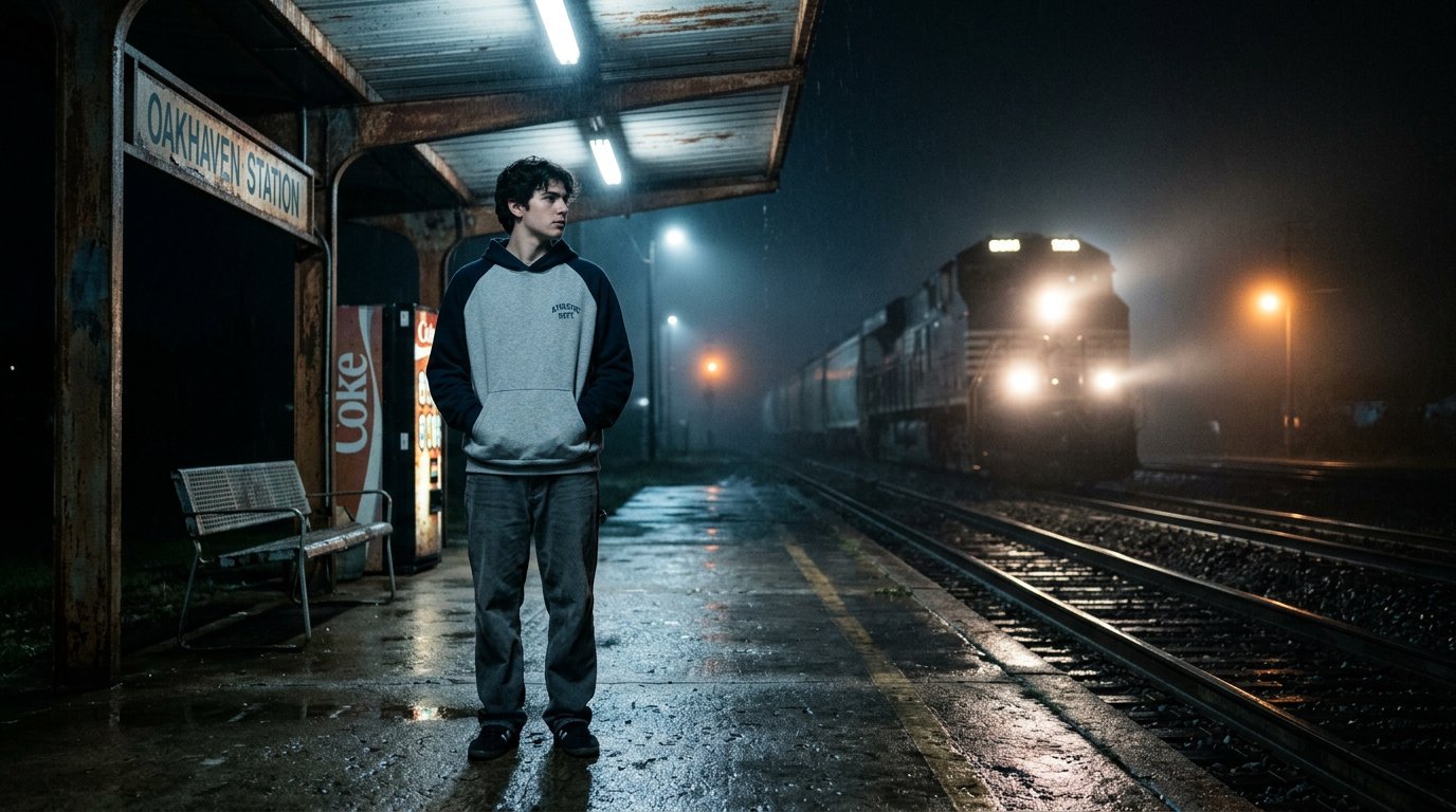 A figure in the two-tone NXN-01 hoodie waiting on a wet train platform at night as headlights approach