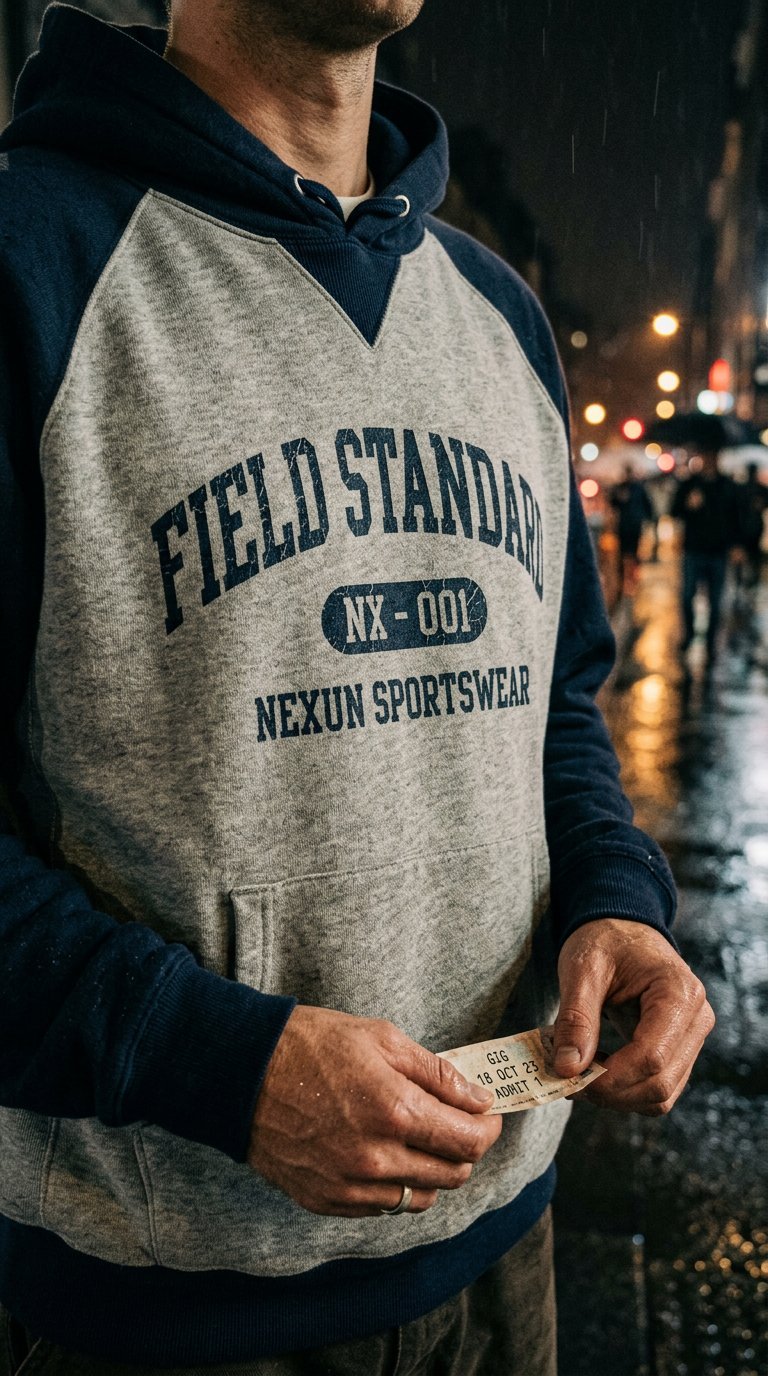 Close-up of the FIELD STANDARD NXN-01 chest print on heather grey French terry with navy raglan sleeves, rainy night street behind