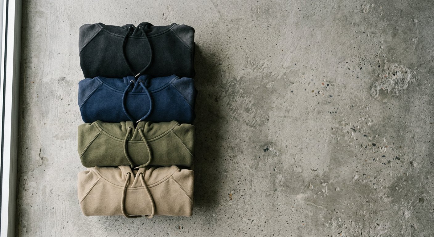 Folded heavyweight NXN-01 hoodies stacked in washed black, navy, field olive and sand khaki on concrete