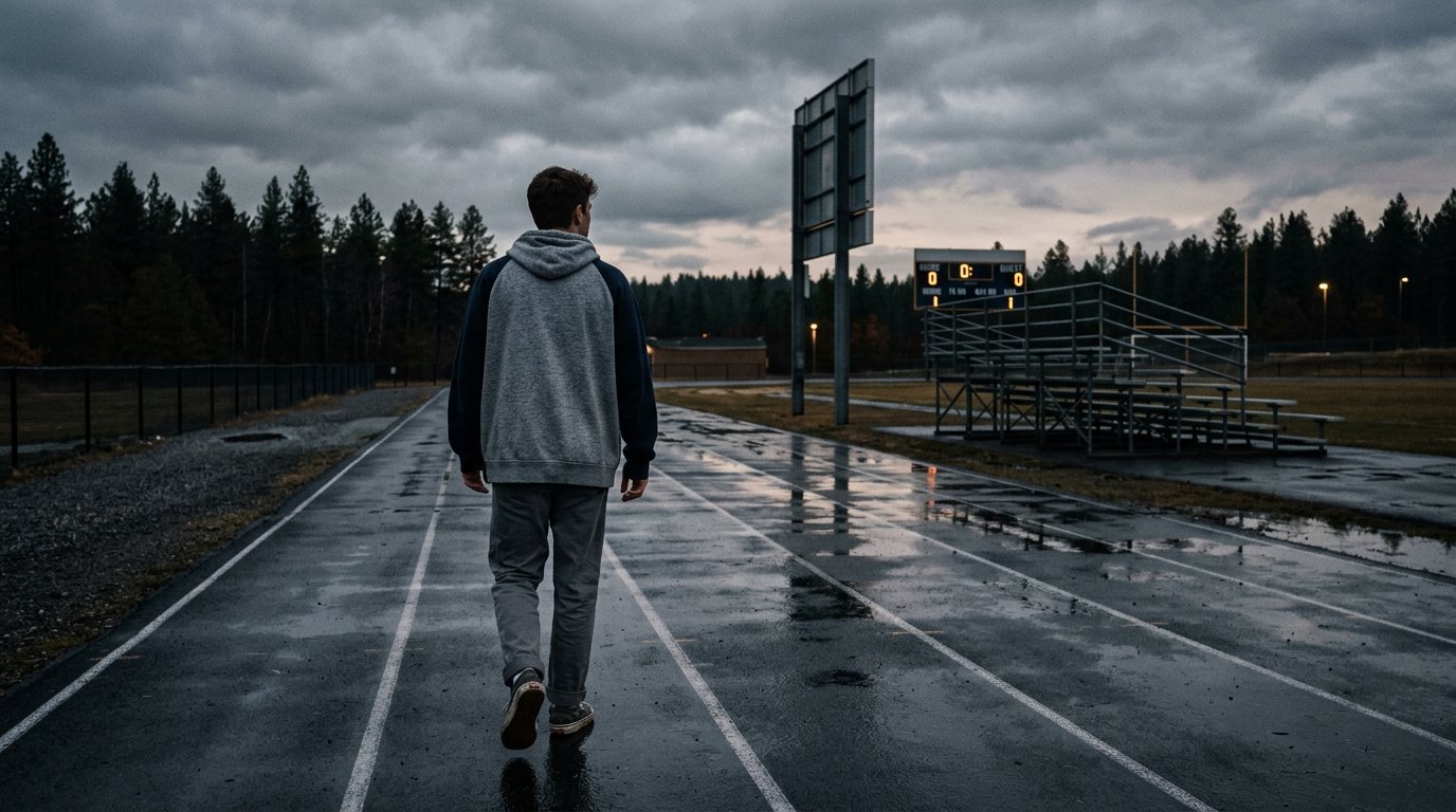 Rear view of the boxy NXN-01 hoodie worn on a wet running track at dusk, empty bleachers in the distance
